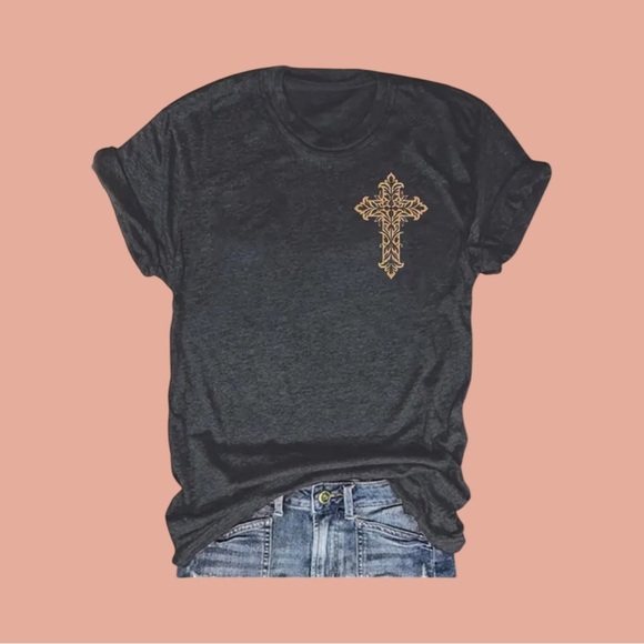 2/$25 Geometric Cross Design Round Neck Short Sleeve T-Shirt Tee Gift Love God - Picture 1 of 14